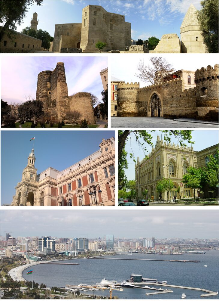 The Flame Towers and walled Old City of Baku on the Caspian Sea shore at twilight