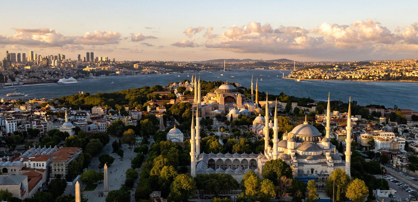 The Hagia Sophia and Blue Mosque skyline over the Bosphorus in Istanbul