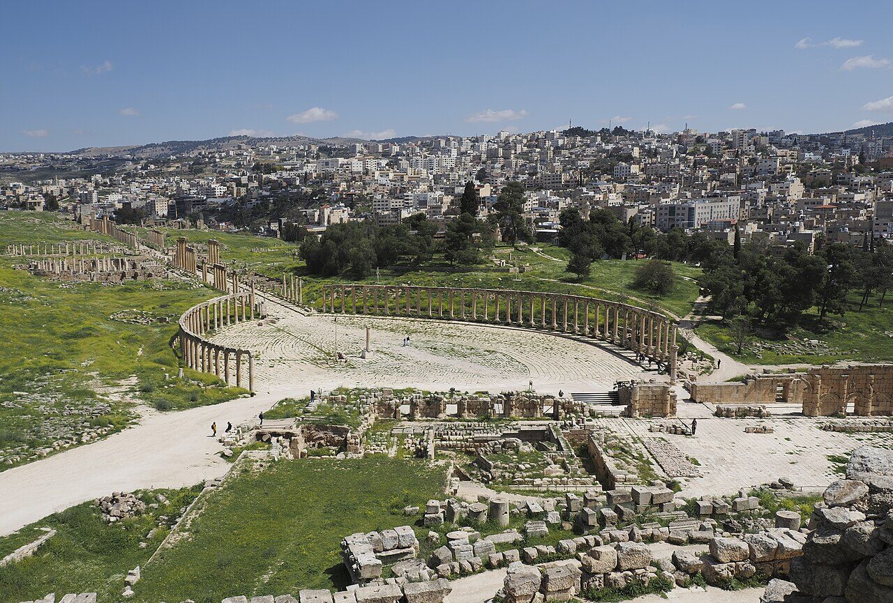 The colonnaded Oval Plaza of the ancient Roman city of Jerash, Jordan