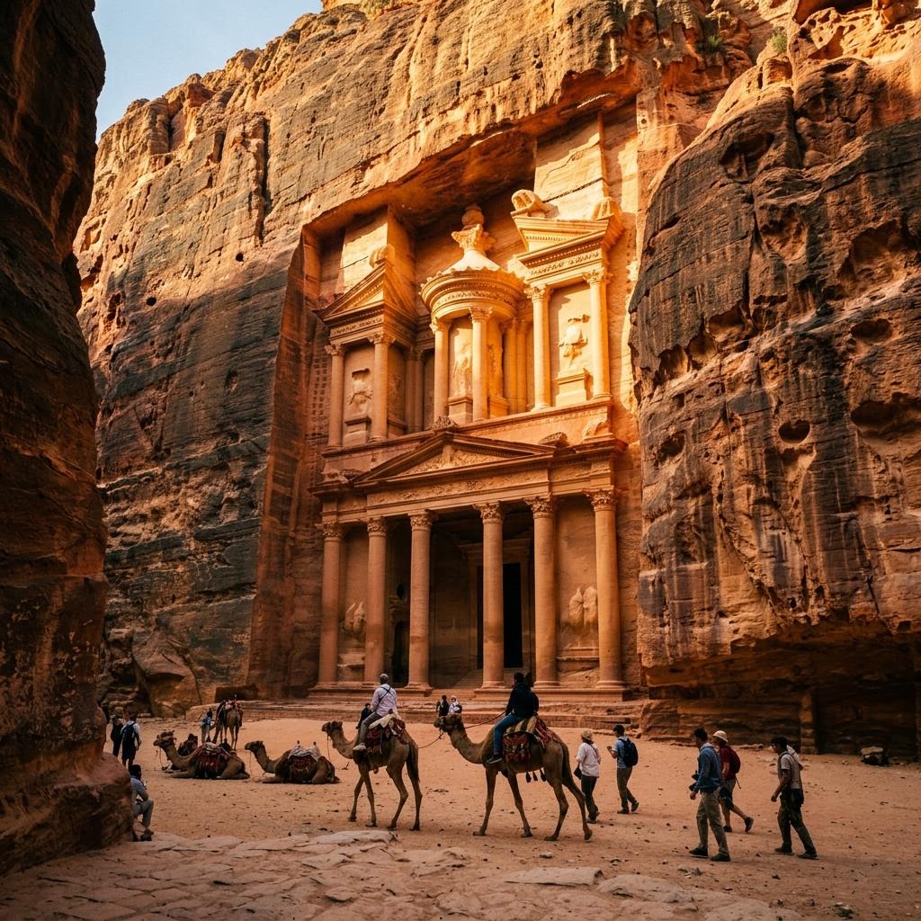 Ancient Petra treasury carved into rose-red sandstone cliffs, Jordan