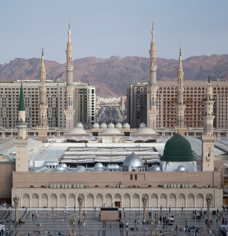 The green dome of the Prophet's Mosque in Madinah