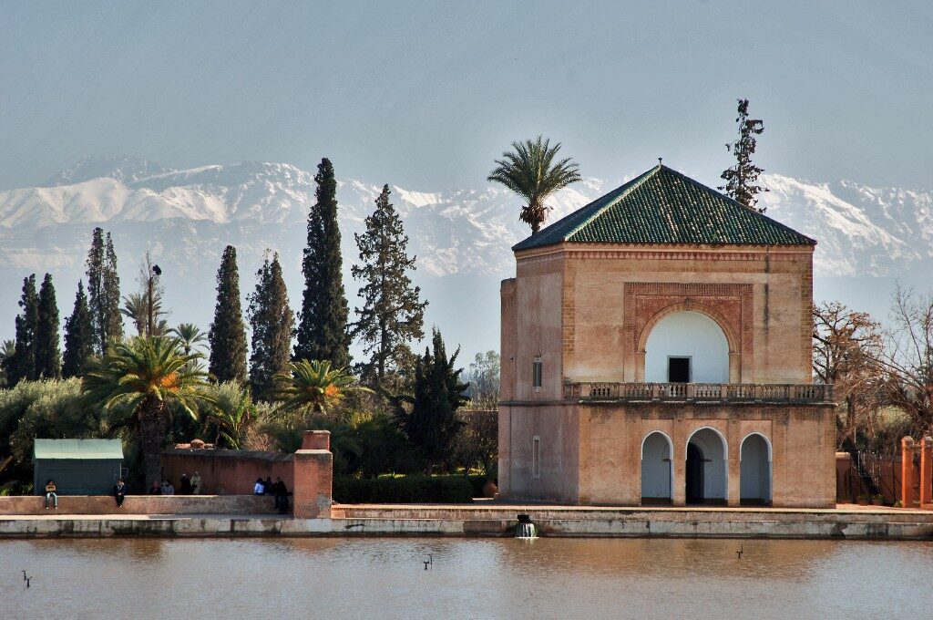 The bustling Jemaa el-Fna square and the minaret of the Koutoubia mosque in Marrakech
