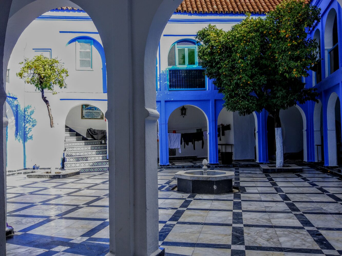 The colourful rooftop tanneries and ancient medina of a Moroccan city